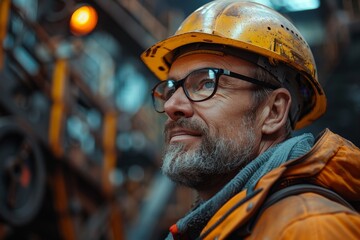 A close-up of a focused male worker wearing a safety helmet and protective goggles in an industrial setting