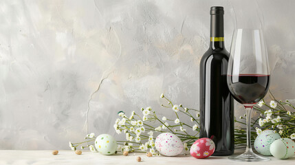 Composition with bottle of wine glass Easter eggs 