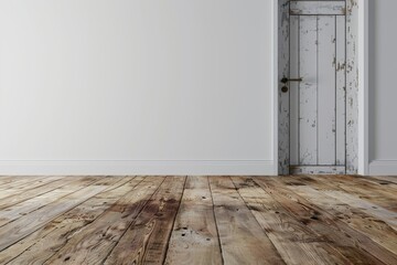 empty room and exit door, wooden floor and white wall background, 3d render