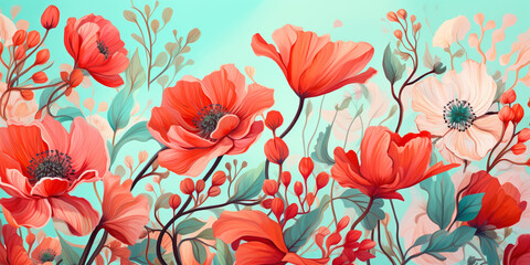 Playful coral and aqua florals seamlessly dancing on a vibrant background.