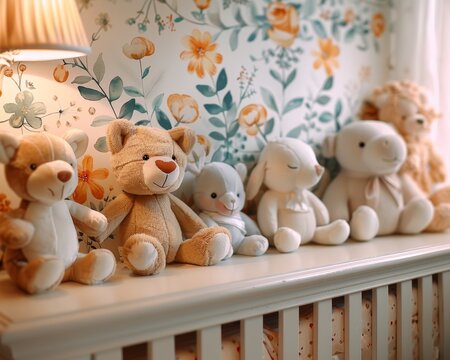 A group of stuffed animals sit on a shelf in front of a floral wallpapered wall.