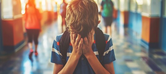 Teenage boy crying in school corridor, symbolizing learning challenges, with blurred background.