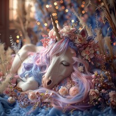 A unicorn sleeping on a bed of flowers.