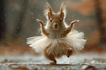 a squirrel wearing a tutu and dancing in the rain. Generative ai