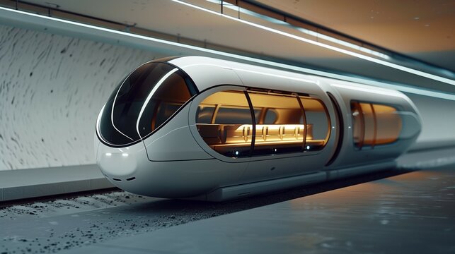 a Hyperloop transport system, showing a sleek train-like vehicle inside a minimalist tube. Generative ai