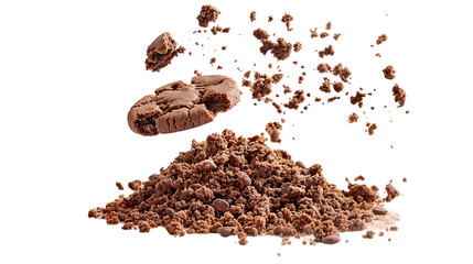 a pile of brown chocolate cookie crumbs isolated on white background, png file with transparent background for post production design elements, cut out image