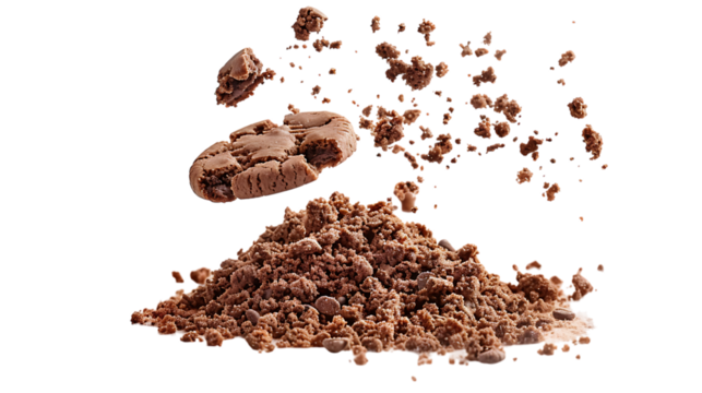 A chocolate cookie is crumbling and falling into a pile of cookie crumbs.