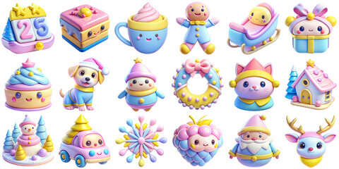 Colorful Kawaii 3D Icon Christmas Set Illustrations of Cute Fantasy Characters and Objects