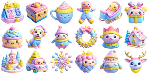 Fototapeta premium Colorful Kawaii 3D Icon Christmas Set Illustrations of Cute Fantasy Characters and Objects