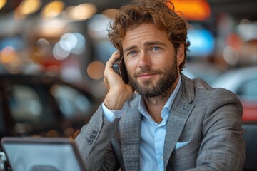 Close-up of an attractive male with beard making a call on his mobile phone with blurred urban background