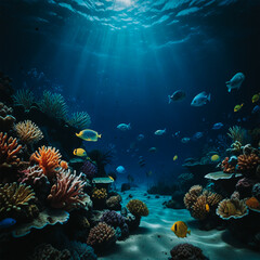 Fototapeta na wymiar World Ocean Day Deep Blue Ocean Diver and Fishes Background