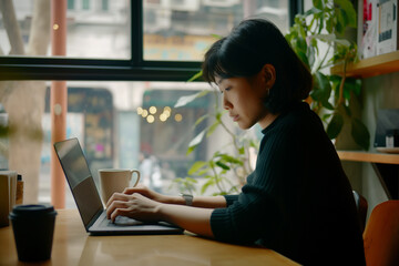 East Asian professional focused on their laptop at a bustling cafe