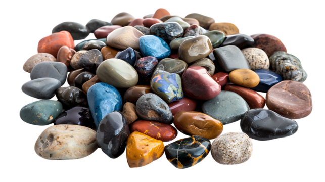 A pile of polished pebbles in various shapes and colors.