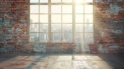 brick wall with a large window, letting in natural light and a city view, copyspace