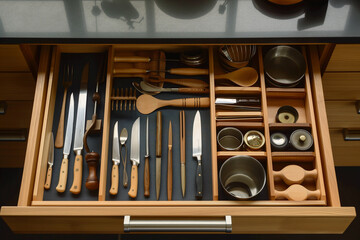 kitchen drawer tray is carefully organized with a selection of cutlery