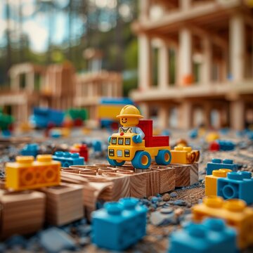 A yellow toy construction worker drives a toy dump truck through a construction site made of wooden blocks and Lego bricks.