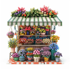 A flower shop with a green and white striped awning. There are flowers of all different colors on display.