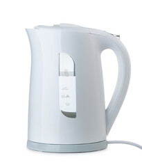 Side view of white plastic upright electric kettle