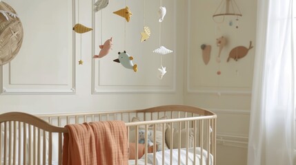 A baby crib mobile with hanging sea animals.