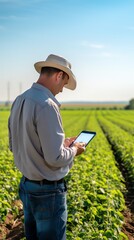 An agricultural field with IoT sensors monitoring crop conditions, a farmer checking data on a mobile device, clear sky and green fields in the background