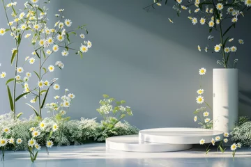  Product podium with daisies flower plant petal. © Rawpixel.com