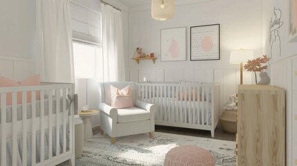 A beautiful nursery with two cribs, a comfortable chair, and a soft rug. The walls are painted white and decorated with pink and gray accents. The cribs are dressed in white and pink bedding. The chai