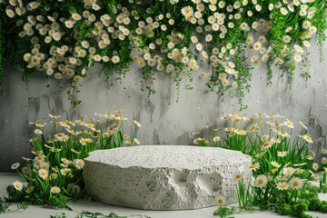 Product podium with daisies outdoors flower garden.