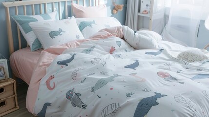 A bedroom with a bed made with a white comforter with a pattern of blue and pink whales, narwhals, and other sea creatures. The comforter is folded back to reveal a pink fitted sheet. There are two pi - obrazy, fototapety, plakaty