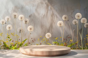 Product podium with dandelions flower nature plant.