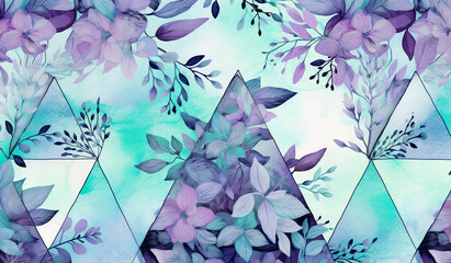 Geometric triangles adorned with serene turquoise and lavender botanicals for a unique seamless pattern.