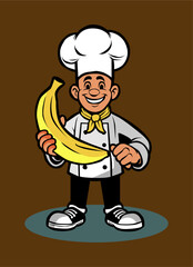 Chef Mascot holding a banana, smiling and simple