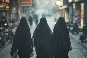 Three women in black veils walking in a busy, atmospheric street scene.