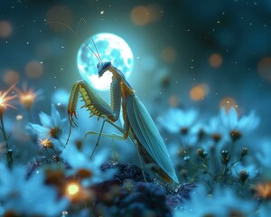 A praying mantis standing on a flower in the moonlight