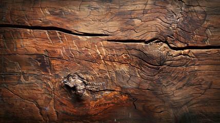Obraz premium A wooden beam background, with a natural wood grain pattern and a few cracks, in a rustic and earthy setting