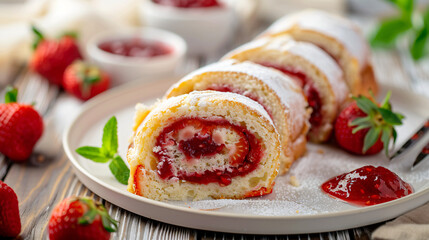 Obraz na płótnie Canvas Composition with slices of tasty strawberry roll cake