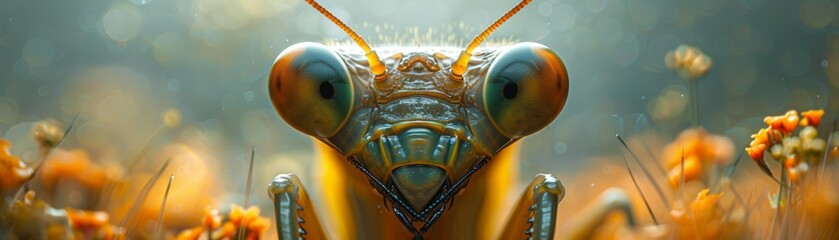 A macro photo of a praying mantis, showing its face and large eyes. - obrazy, fototapety, plakaty