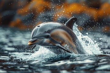Obraz premium This captivating image showcases a majestic dolphin emerging from the ocean's surface, set against a beautifully blurred autumn background The play of light and water droplets adds to the dynamic sce