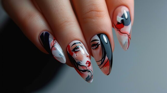 Artistic anime-inspired nail art. Copy Space