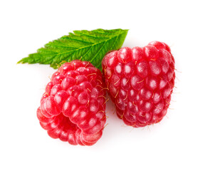 Berry raspberry with green leaves healthy food ripe fruit, isolated on white background.
