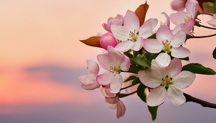 Spring's Embrace: Close-Up of Apple Blossoms Against a Pastel Sky"flower, pink, spring, blossom, nature, tree, flowers, plant, blooming, bloom, beauty, branch