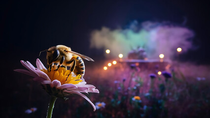A stunning cinematic close-up photograph of a honeybee perched on a flower, with a dramatic dark background. AI Generative