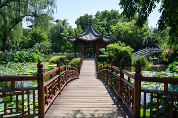 Fototapeta premium A wooden bridge in a lotus pond, with a Chinese pavilion in the background 