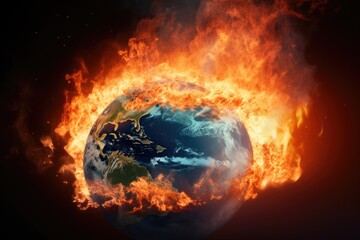A fiery representation of Earth symbolizing the alarming impact of global warming and climate change. Global Warming Impact Earth in Flames