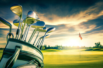  a professional golf bag and its array of clubs set against the verdant green of a pristine fairway