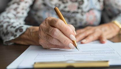 Capture a senior scrutinizing a pension transfer form, highlighting asset management. Focus on document and pen