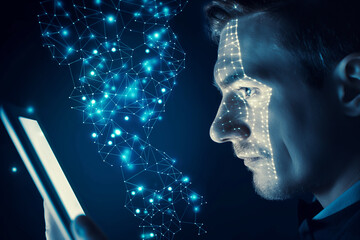 individual using a tablet, their face aglow in the darkness, showcasing the marvel of facial recognition technology.