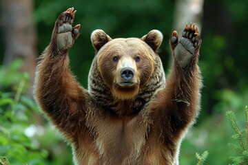 A brown bear stands erect, arms wide, in a natural landscape