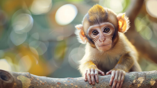 A baby monkey is climbing on a tree