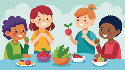A group of children gathered around a table eagerly tasting the fruits or vegetables of their labor including juicy strawberries crunchy green