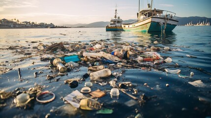 A polluted harbor with litter floating in the water - obrazy, fototapety, plakaty